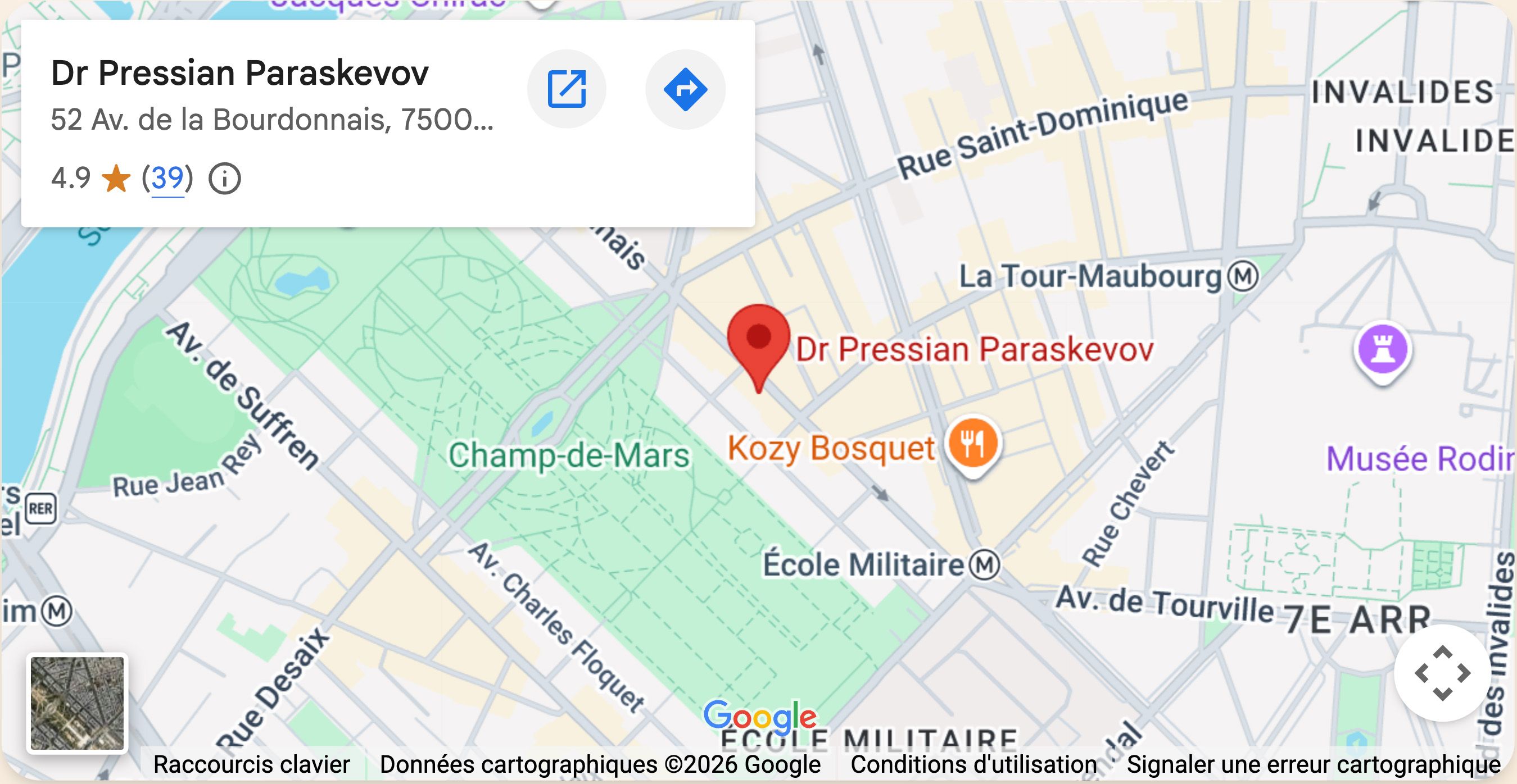 Localisation du cabinet du Dr Pressian Paraskevov, 52 avenue de la Bourdonnais, Paris 7e